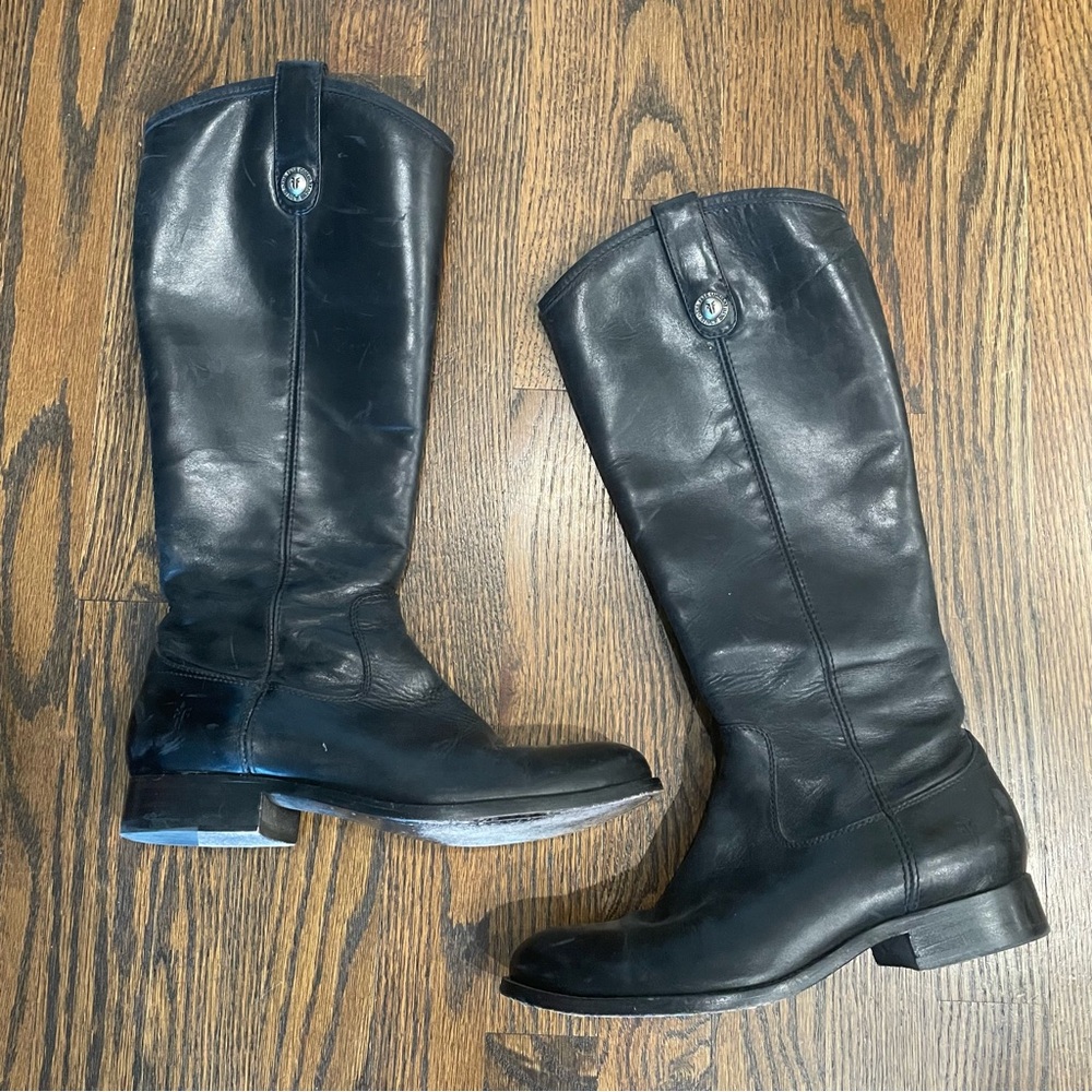 FRYE Melissa Button Riding Boots Black Leather Round Toe Boots